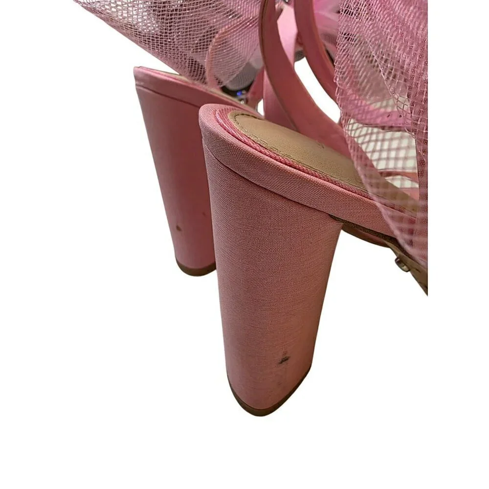 Pink Heeled Sandals With Large Tulle Bow Accent & Adjustable‎ Ankle Strap - Picture 7 of 16